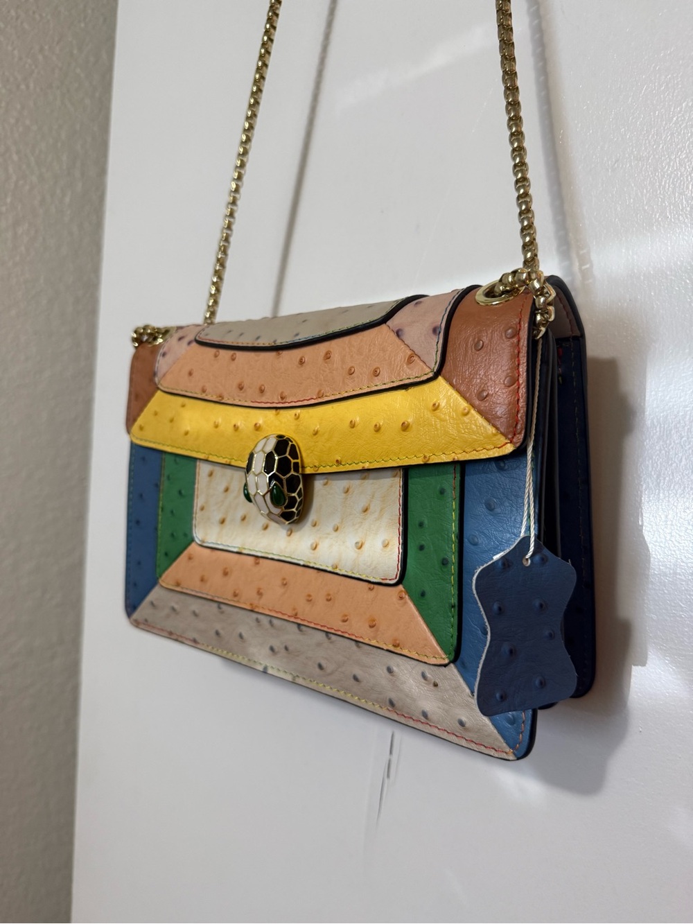 Multi-Color Patchwork Ostrich Leather Shoulder Bag with Gold Chain - Picture 4 of 8